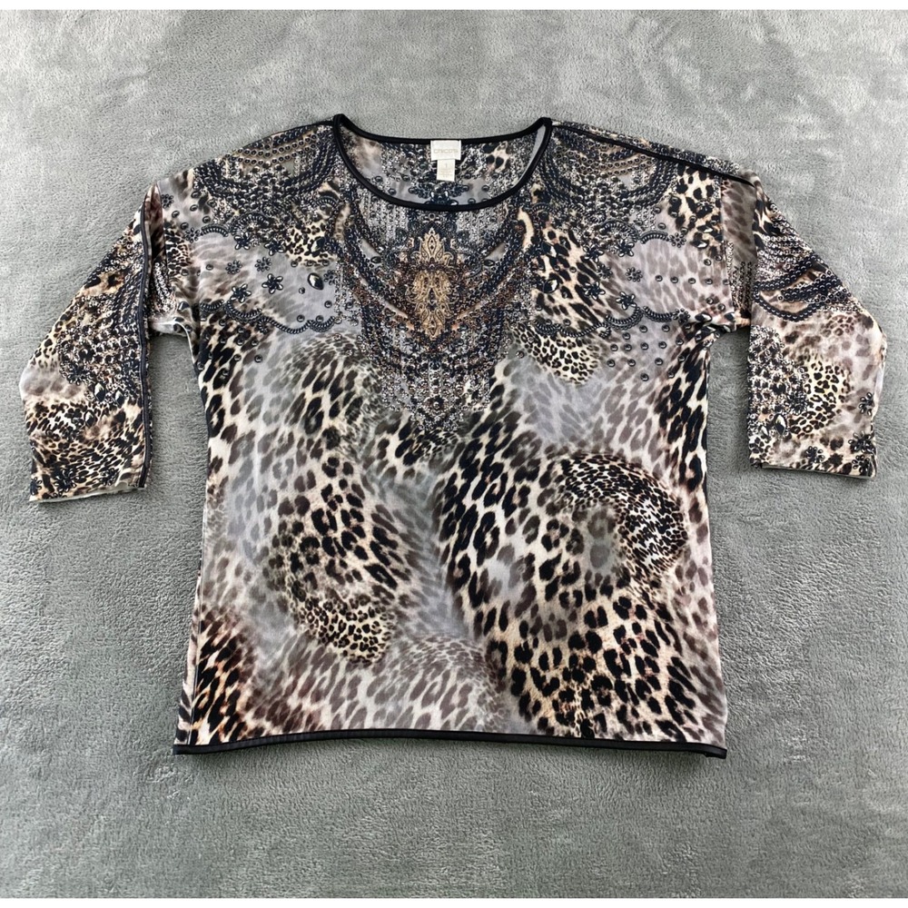 Chicos Womens Animal Print Studded Scoop Neck 3/4 Sleeve Top Brown Black Size 1